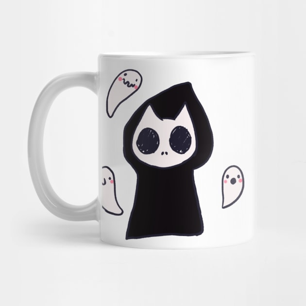 Cute Grim reaper cat and ghosts by Mayarart